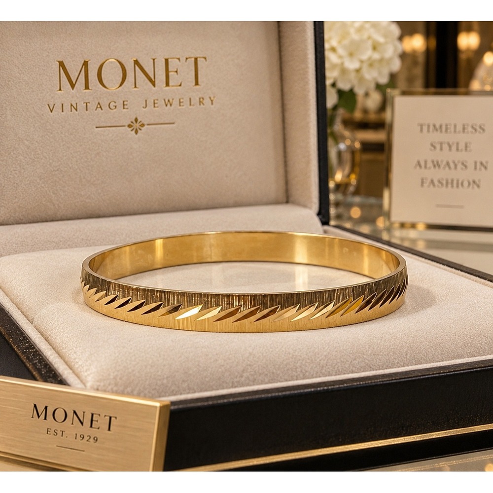 Vintage Monet Gold Tone Etched Textured Slip On Bangle Bracelet